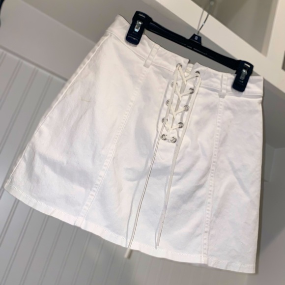 White Mini Denim Lace up Front Zip Back Skirt - Picture 2 of 9